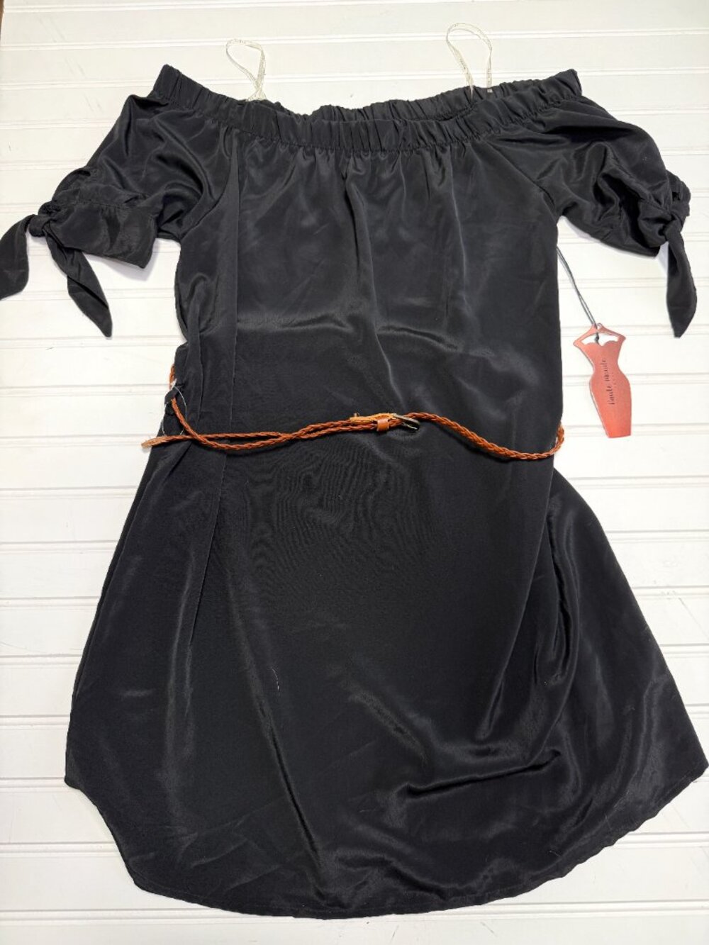 Haute Monde Black Off Shoulder Mini Dress Tie Sleeve Boho Chic size L NWT - Picture 4 of 7